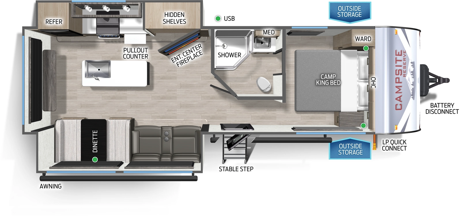 The Campsite Ultra 25JT floorplan has one entry and two slide outs. Exterior features include: fiberglass exterior and 8' 6" & 11' 6" awning. Interiors features include: kitchen island, front bedroom and rear living.